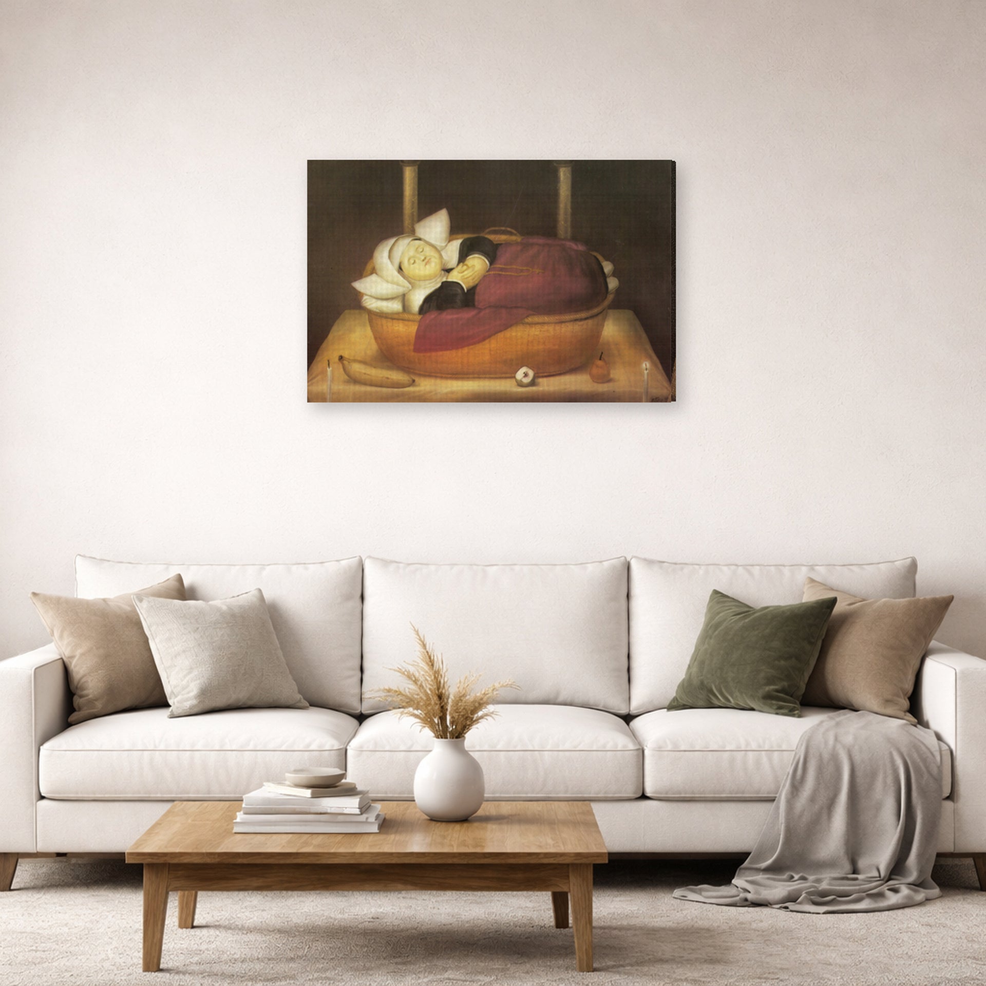 Gallery-wrapped canvas print of Fernando Botero's New-born Nun displayed on a wall in a living room