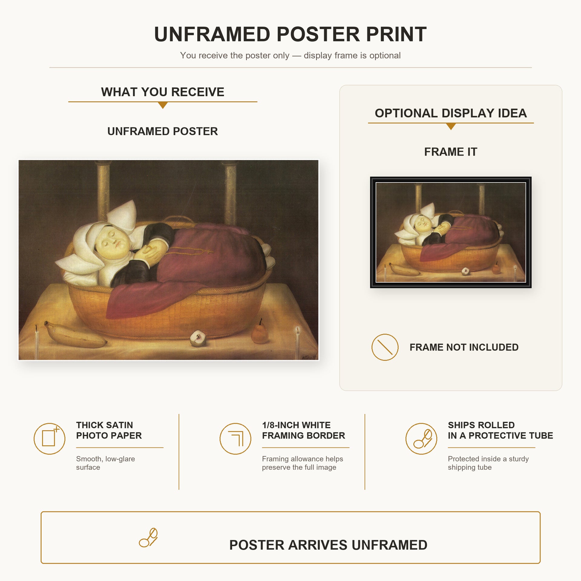 Fernando Botero - New-born Nun poster print size comparison and framing display infographic