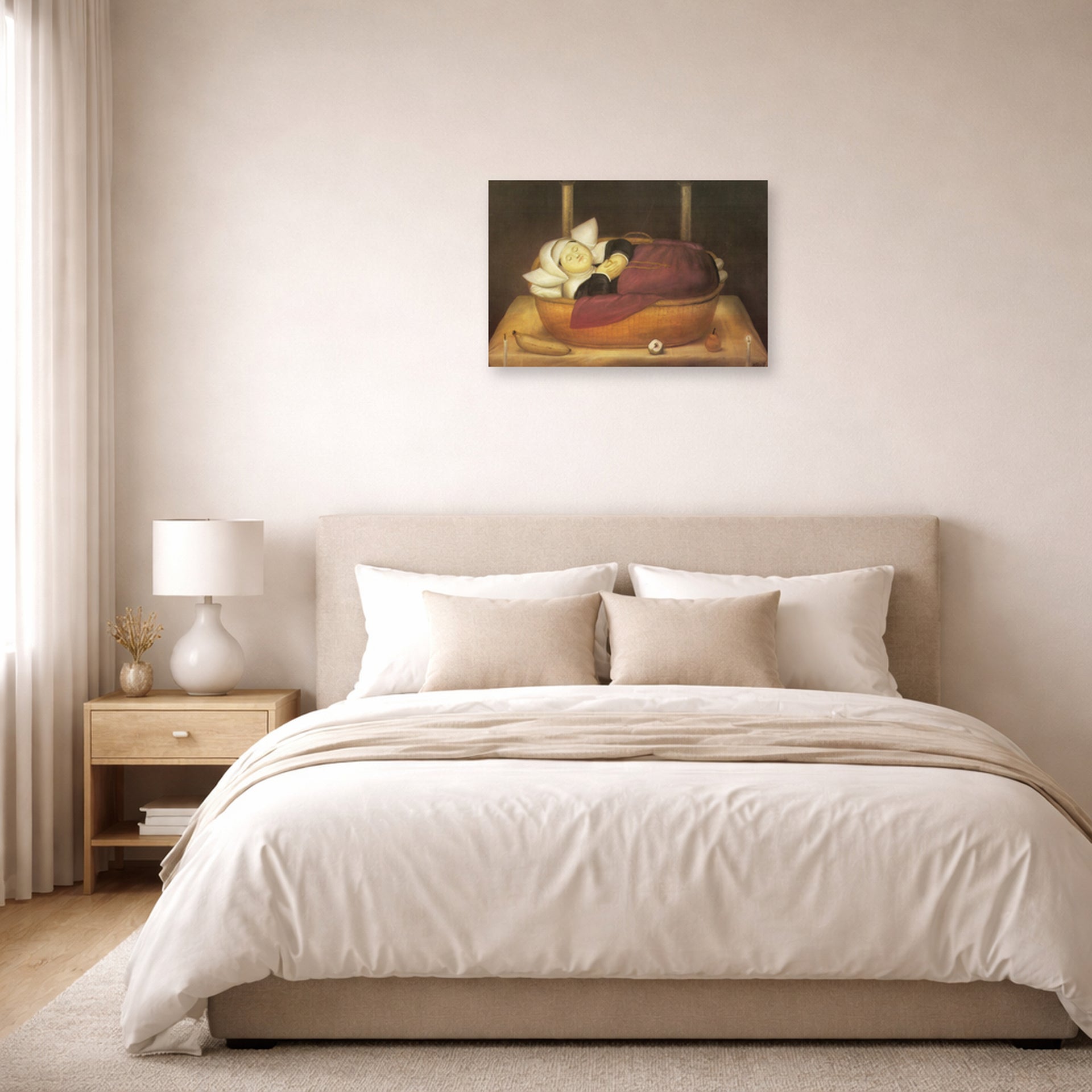 Unframed poster print of Fernando Botero's New-born Nun displayed on a wall in a bedroom