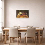 Unframed poster print of Fernando Botero's New-born Nun displayed on a wall in a dining room