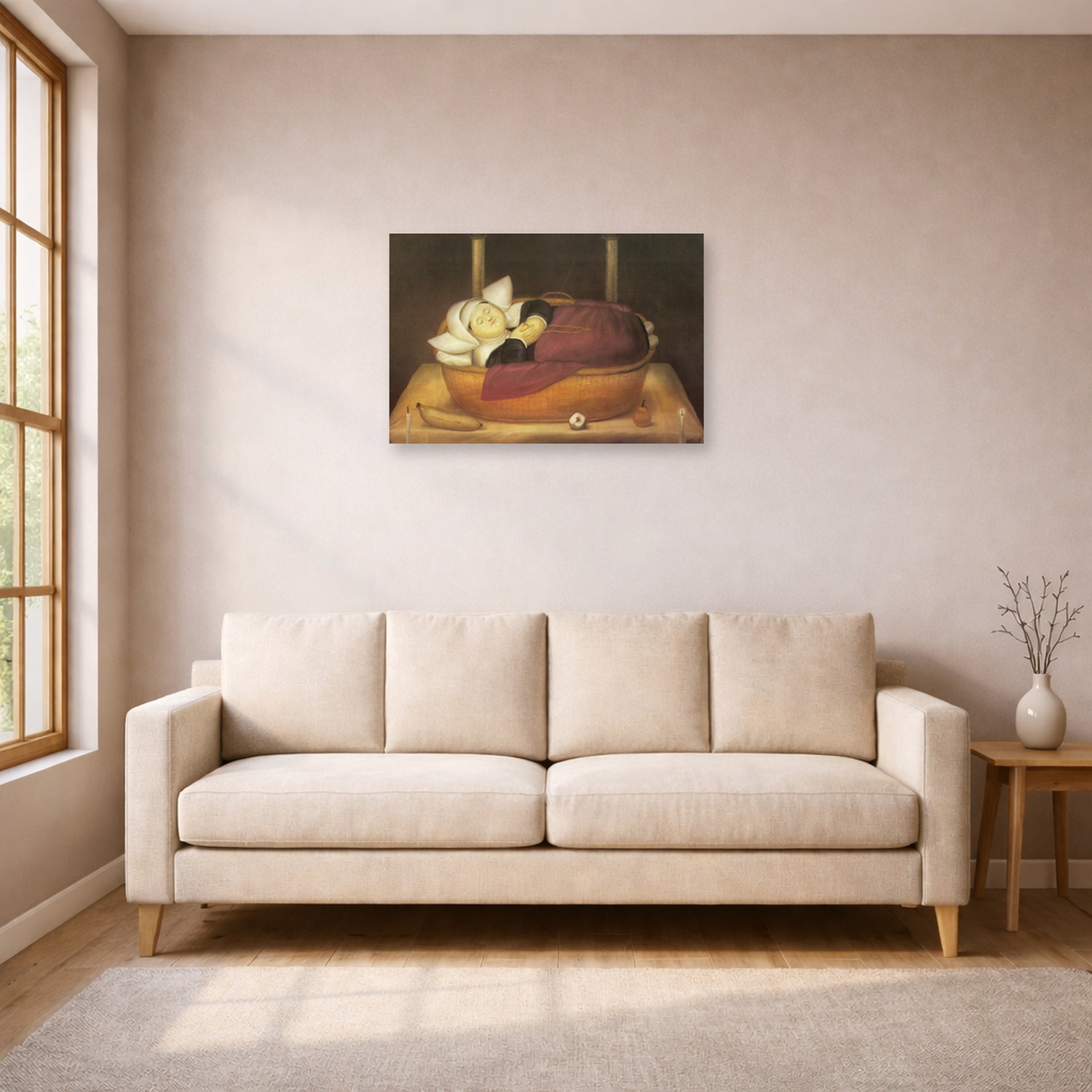 Unframed poster print of Fernando Botero's New-born Nun displayed on a wall in a living room
