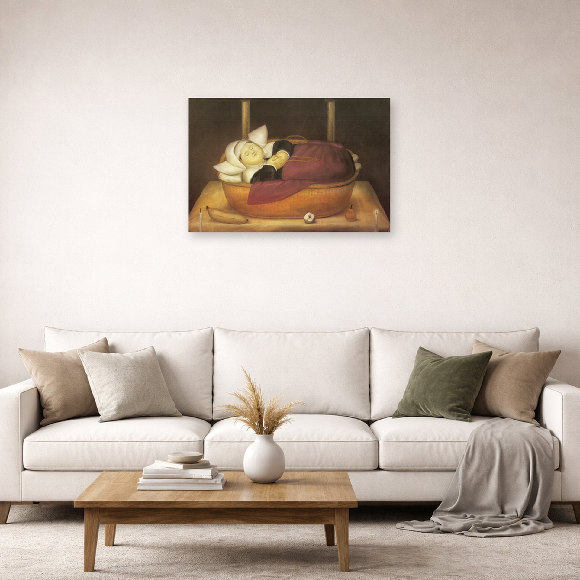 Unframed poster print of Fernando Botero's New-born Nun displayed on a wall in a living room