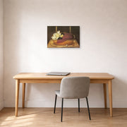 Unframed poster print of Fernando Botero's New-born Nun displayed on a wall in a home office