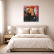 Gallery-wrapped canvas print of Fernando Botero's Our Lady of New York displayed on a wall in a bedroom