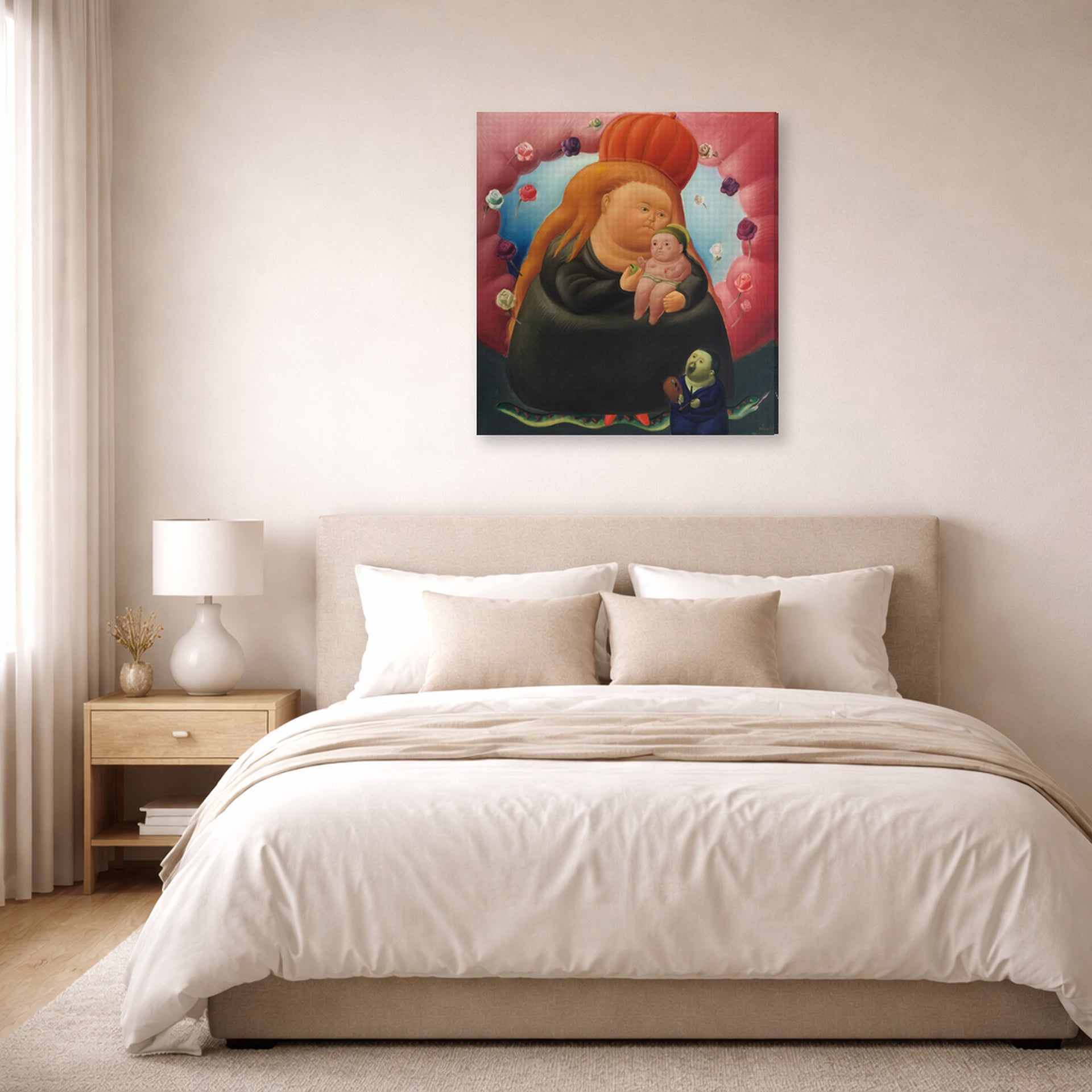 Gallery-wrapped canvas print of Fernando Botero's Our Lady of New York displayed on a wall in a bedroom