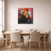 Gallery-wrapped canvas print of Fernando Botero's Our Lady of New York displayed on a wall in a dining room