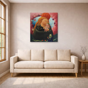Gallery-wrapped canvas print of Fernando Botero's Our Lady of New York displayed on a wall in a living room