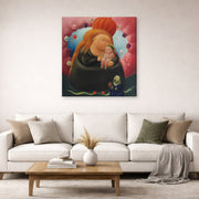 Gallery-wrapped canvas print of Fernando Botero's Our Lady of New York displayed on a wall in a living room