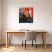 Gallery-wrapped canvas print of Fernando Botero's Our Lady of New York displayed on a wall in a home office