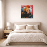 Unframed poster print of Fernando Botero's Our Lady of New York displayed on a wall in a bedroom