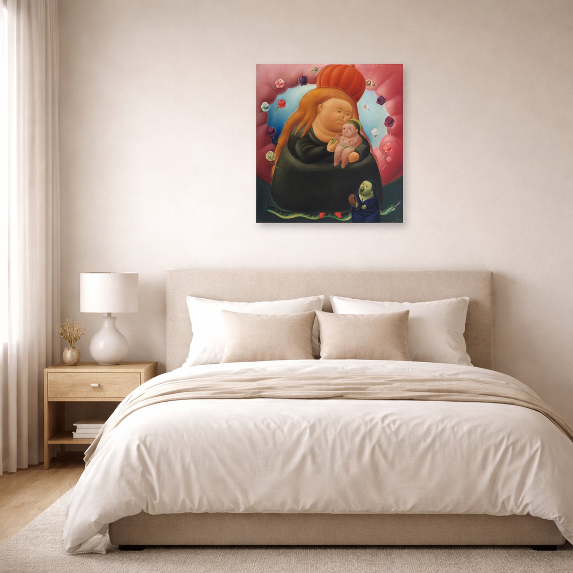 Unframed poster print of Fernando Botero's Our Lady of New York displayed on a wall in a bedroom