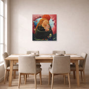 Unframed poster print of Fernando Botero's Our Lady of New York displayed on a wall in a dining room