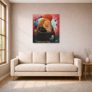Unframed poster print of Fernando Botero's Our Lady of New York displayed on a wall in a living room