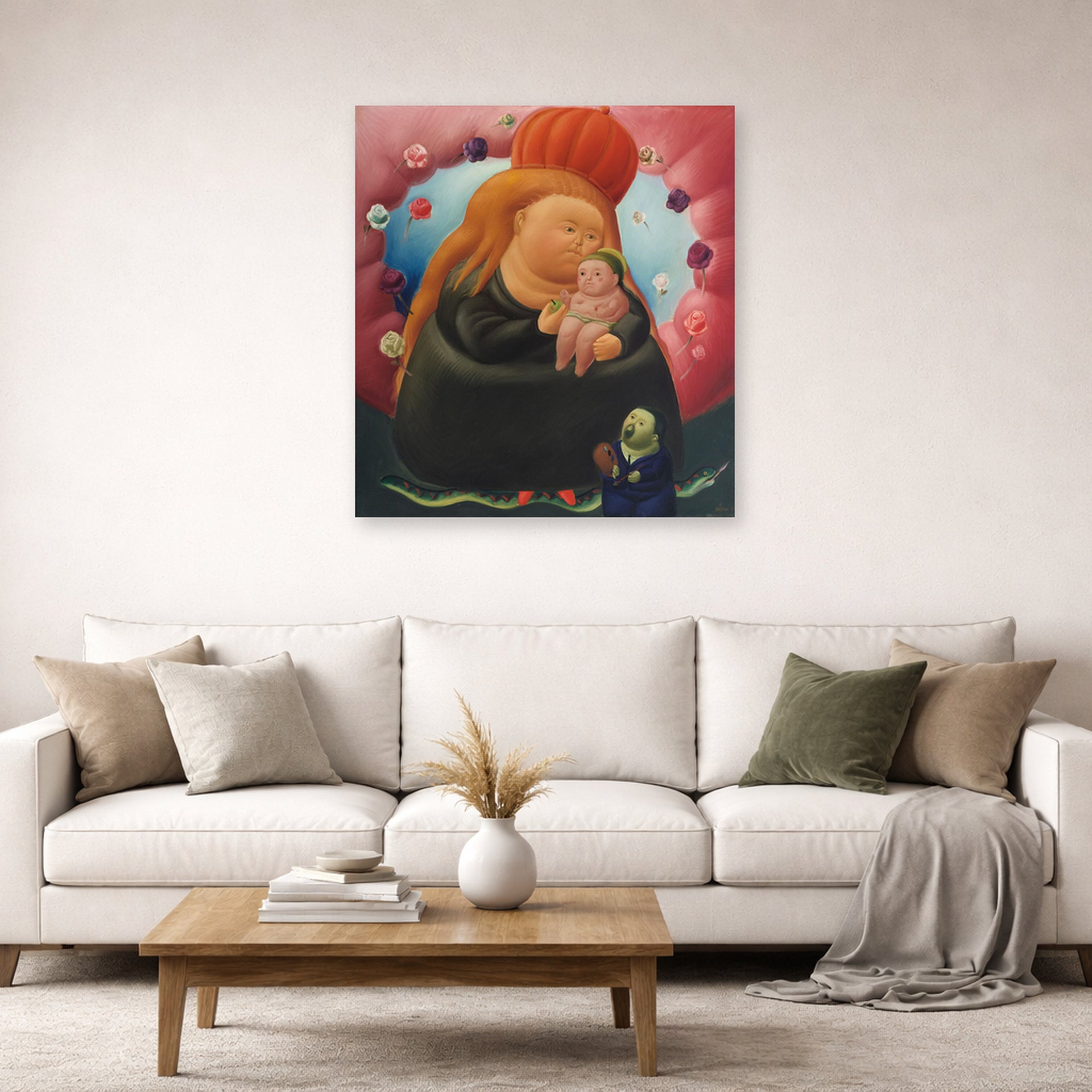 Unframed poster print of Fernando Botero's Our Lady of New York displayed on a wall in a living room