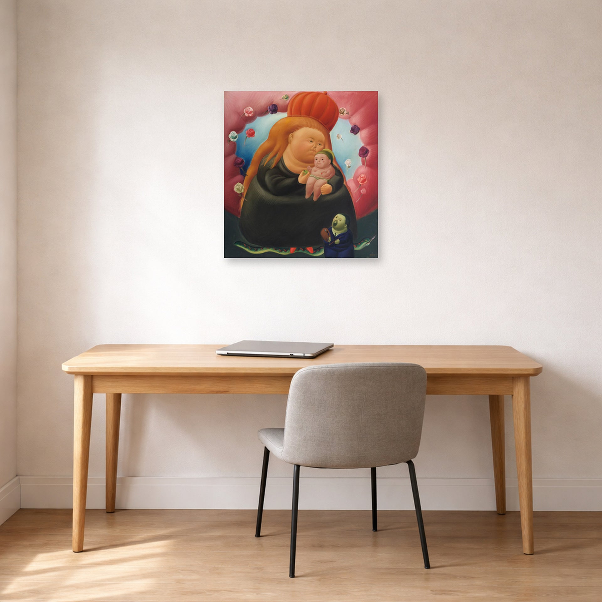 Unframed poster print of Fernando Botero's Our Lady of New York displayed on a wall in a home office