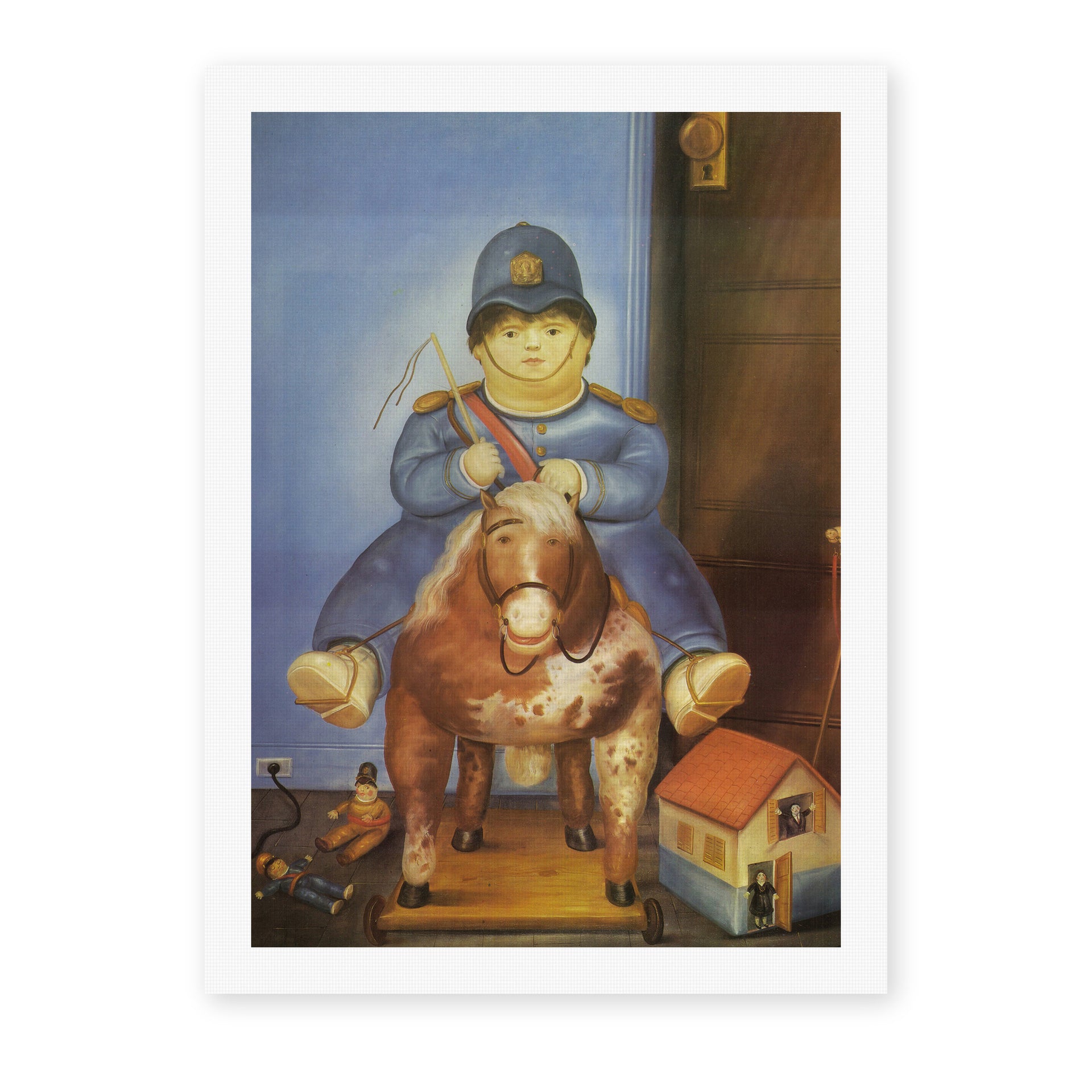 Fernando Botero's 'Pedrito on a Wooden Horse' painting reproduced as a rolled canvas print