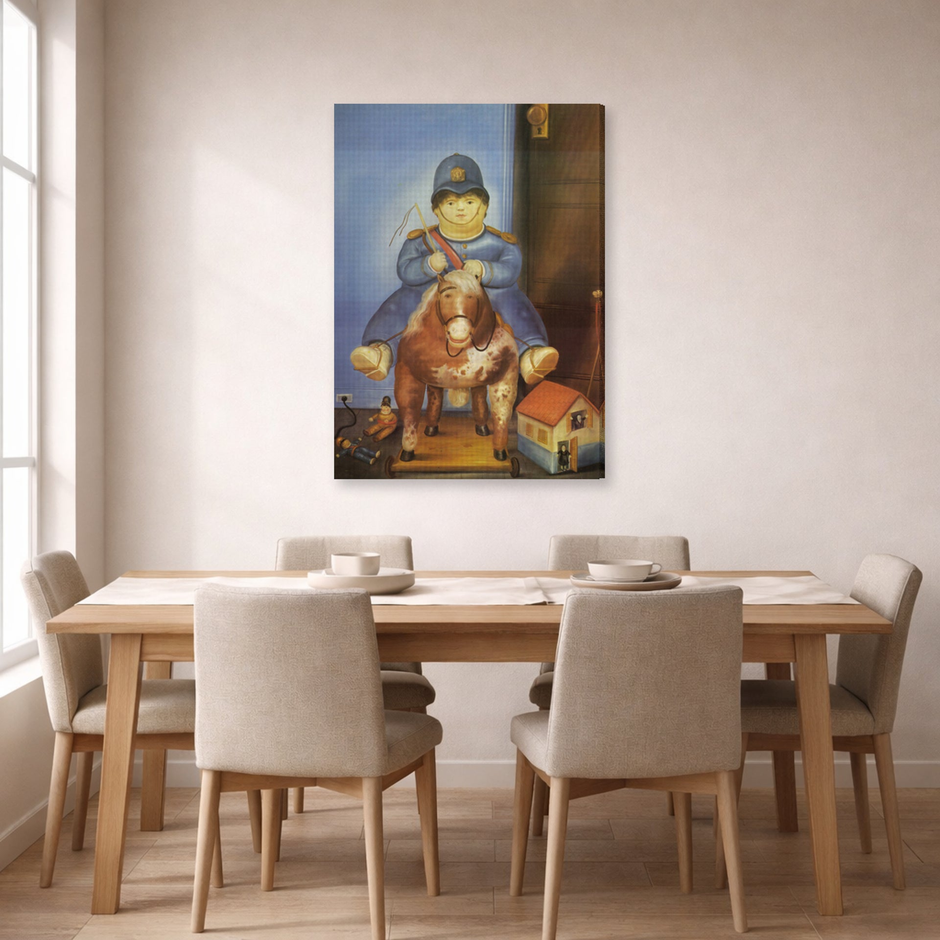 Gallery-wrapped canvas print of Fernando Botero's Pedrito on a Wooden Horse displayed on a wall in a dining room