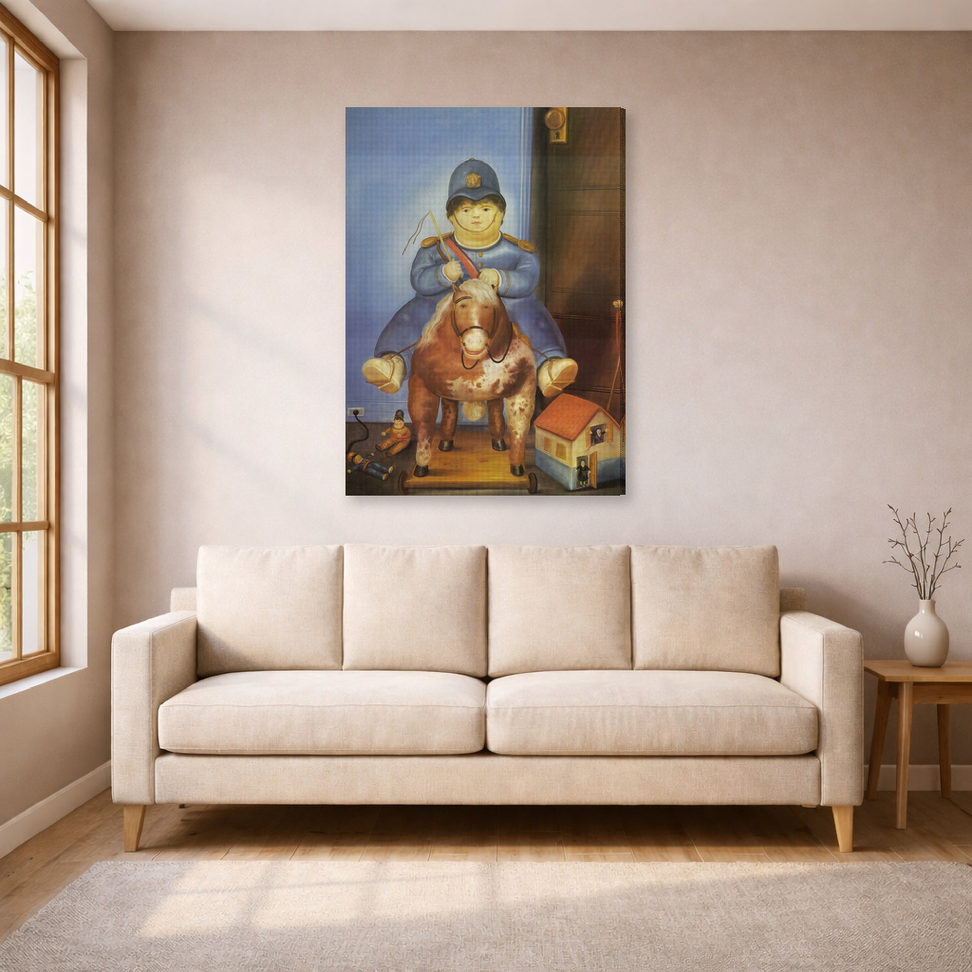 Gallery-wrapped canvas print of Fernando Botero's Pedrito on a Wooden Horse displayed on a wall in a living room