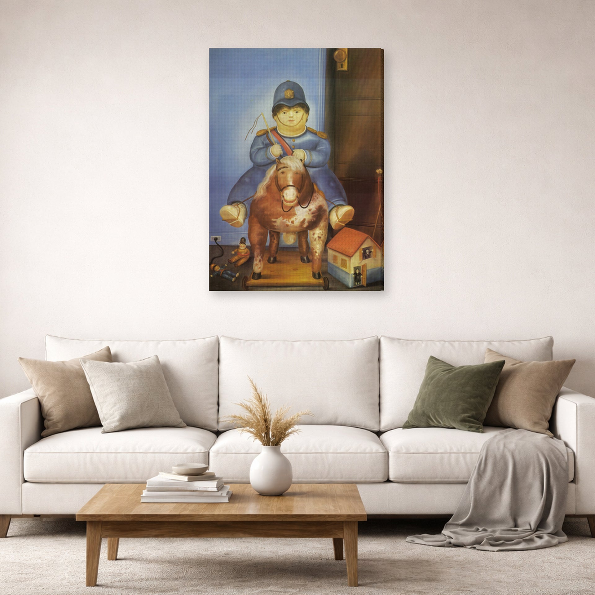 Gallery-wrapped canvas print of Fernando Botero's Pedrito on a Wooden Horse displayed on a wall in a living room