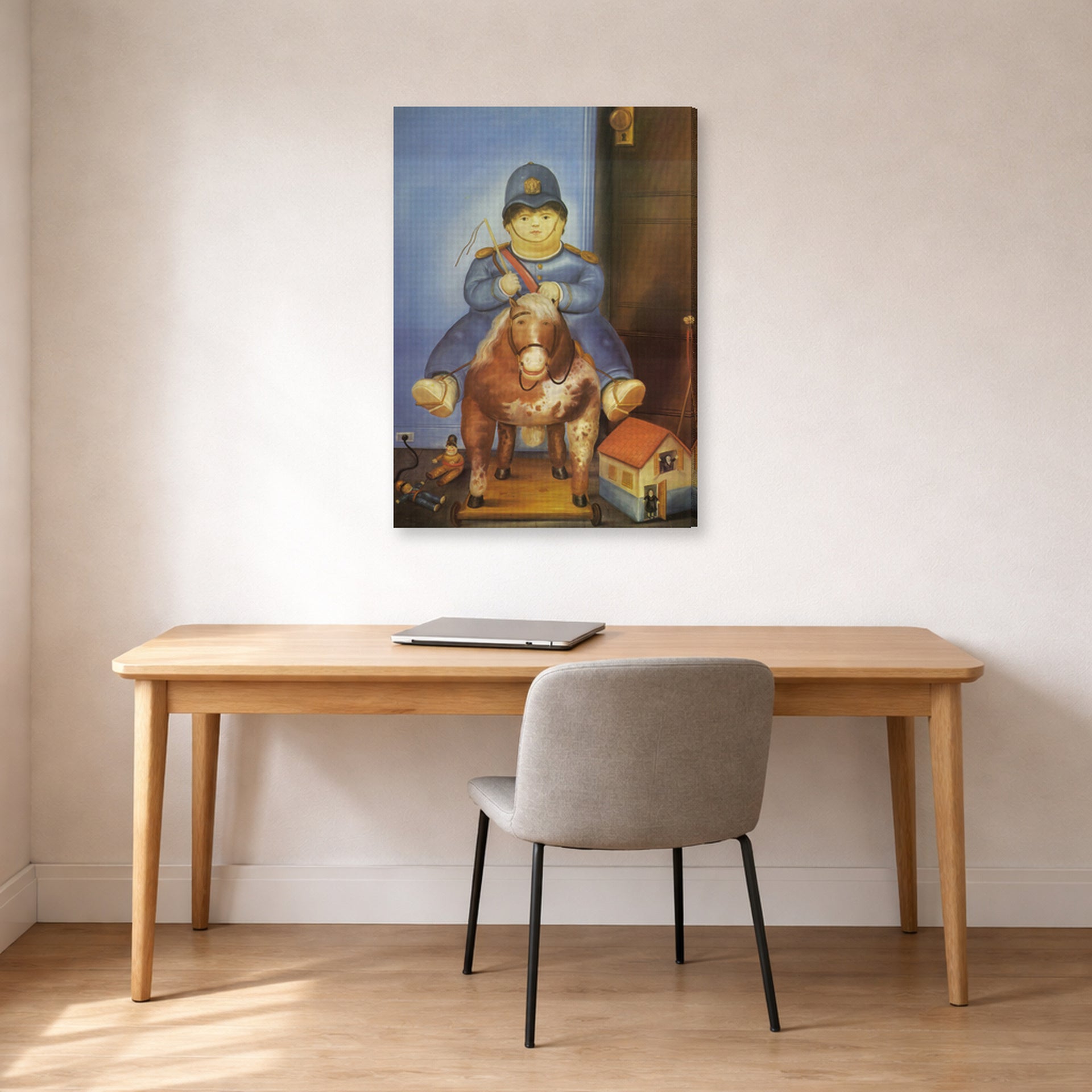 Gallery-wrapped canvas print of Fernando Botero's Pedrito on a Wooden Horse displayed on a wall in a home office