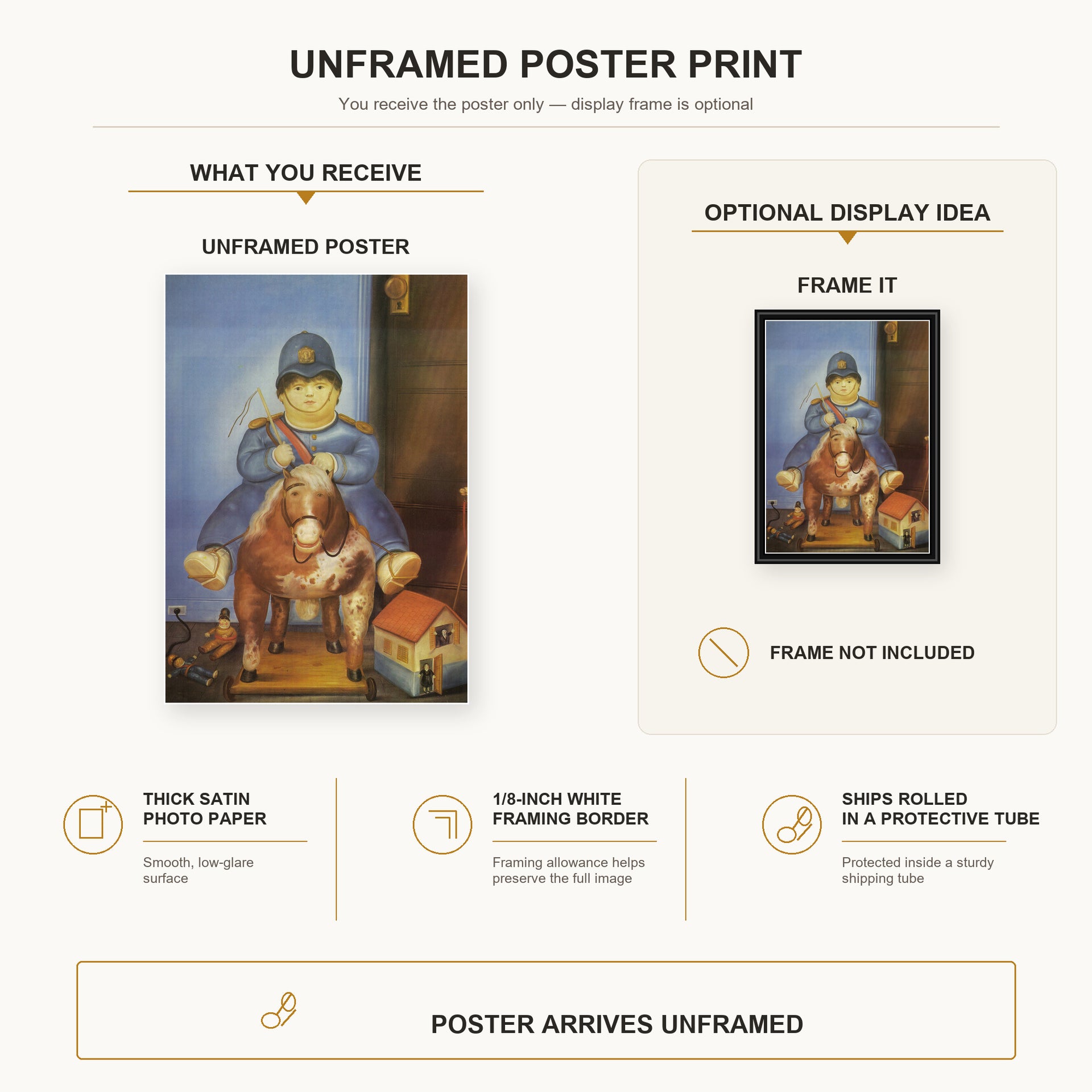 Fernando Botero - Pedrito on a Wooden Horse poster print size comparison and framing display infographic