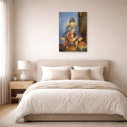 Unframed poster print of Fernando Botero's Pedrito on a Wooden Horse displayed on a wall in a bedroom