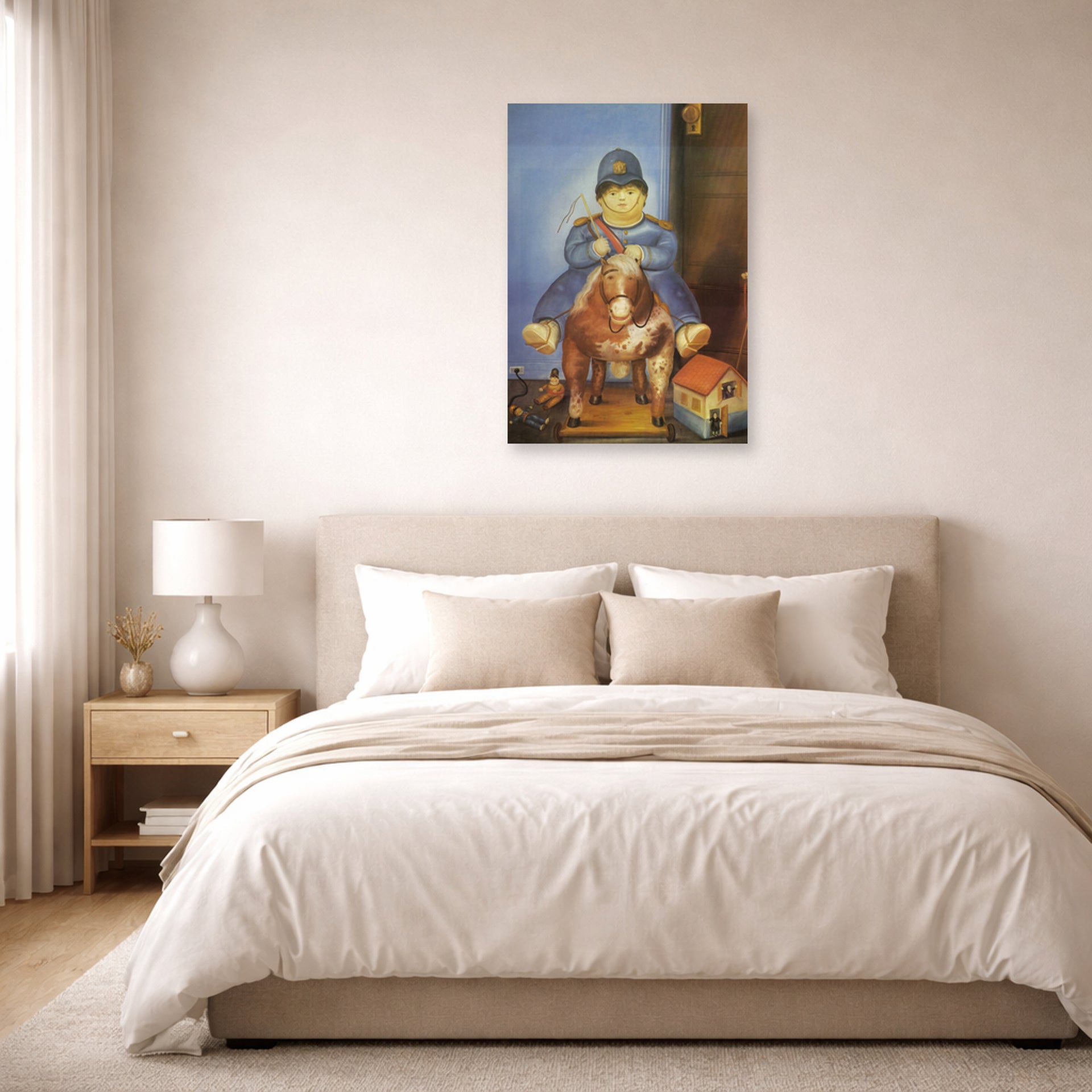 Unframed poster print of Fernando Botero's Pedrito on a Wooden Horse displayed on a wall in a bedroom