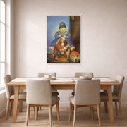 Unframed poster print of Fernando Botero's Pedrito on a Wooden Horse displayed on a wall in a dining room