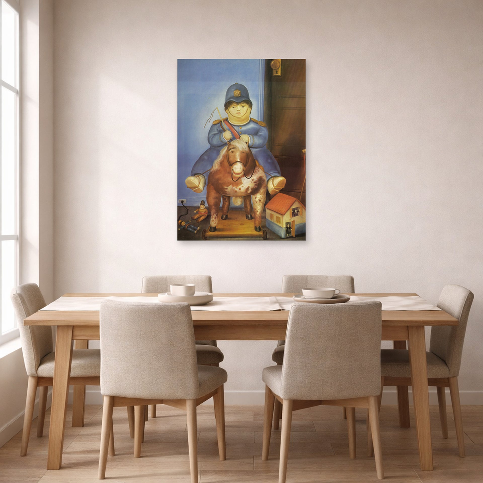 Unframed poster print of Fernando Botero's Pedrito on a Wooden Horse displayed on a wall in a dining room