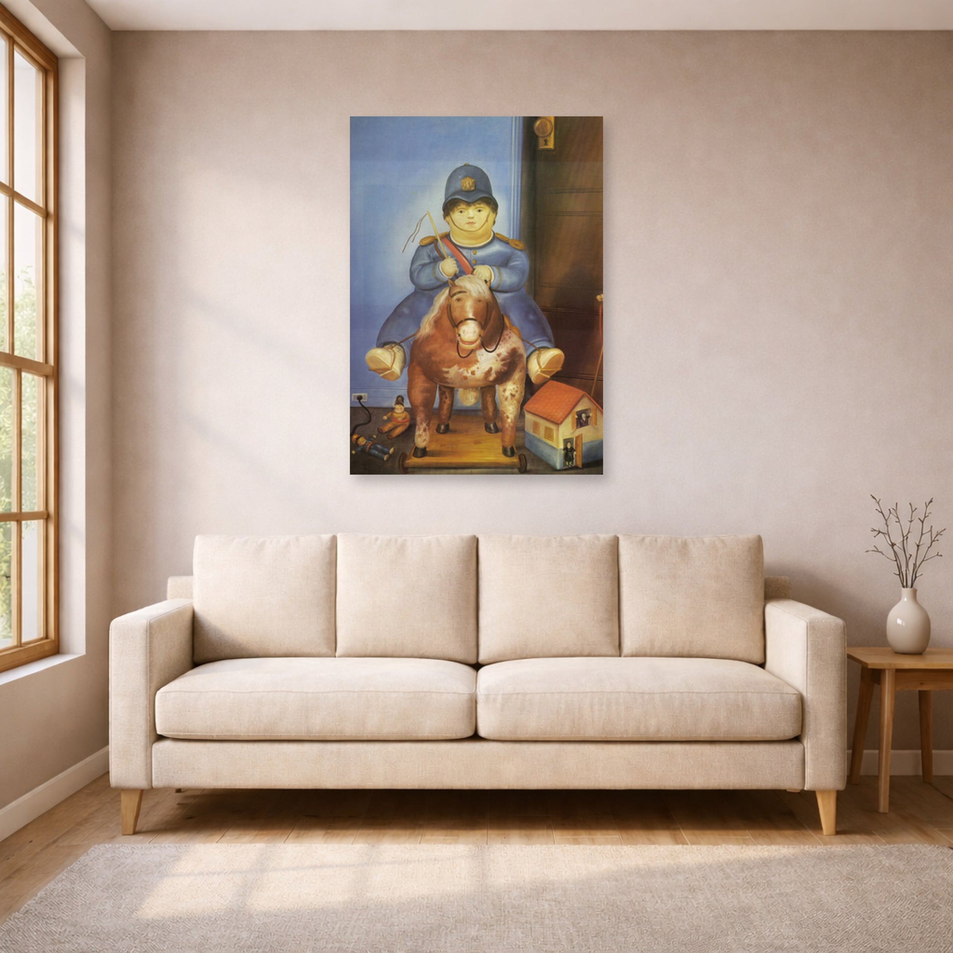 Unframed poster print of Fernando Botero's Pedrito on a Wooden Horse displayed on a wall in a living room