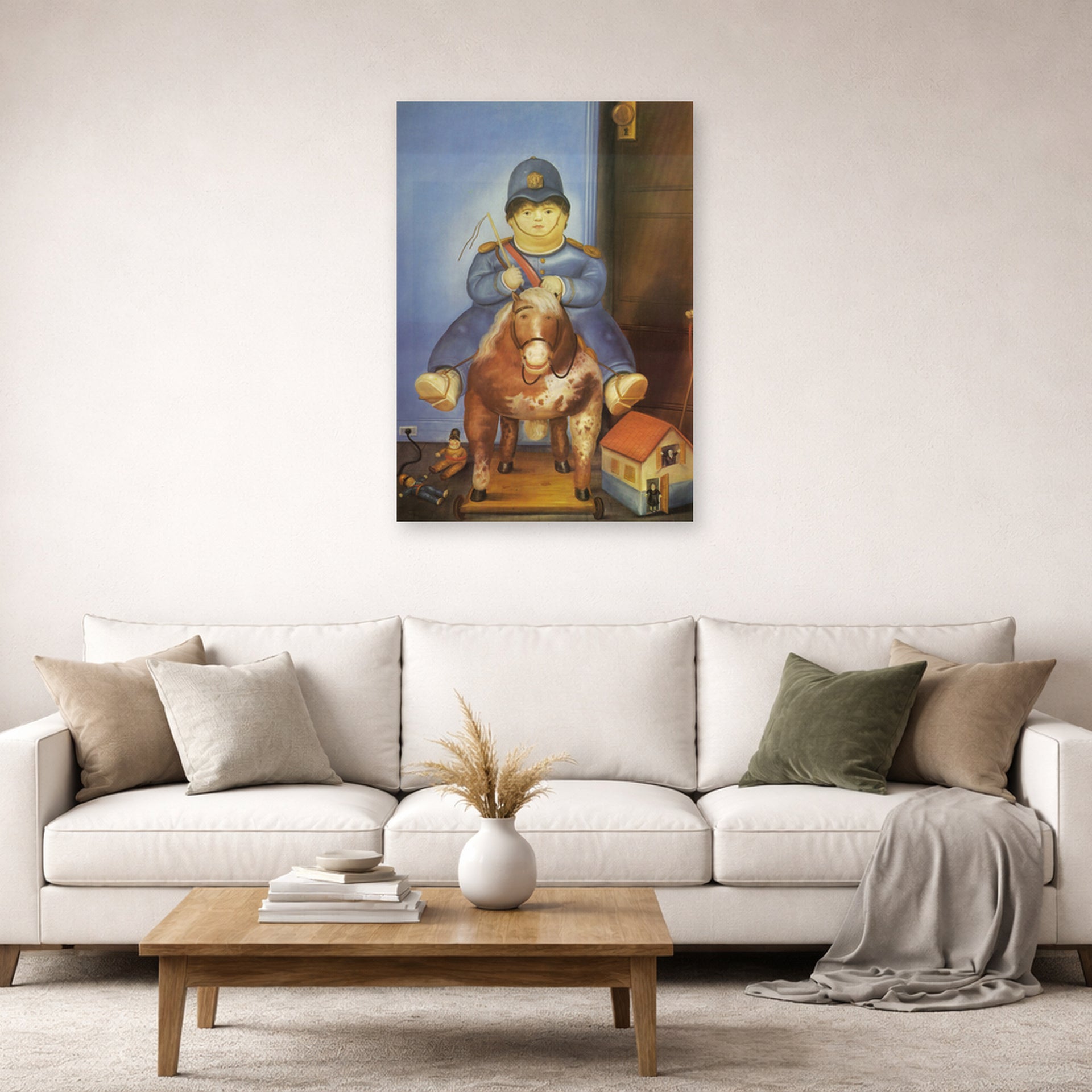 Unframed poster print of Fernando Botero's Pedrito on a Wooden Horse displayed on a wall in a living room