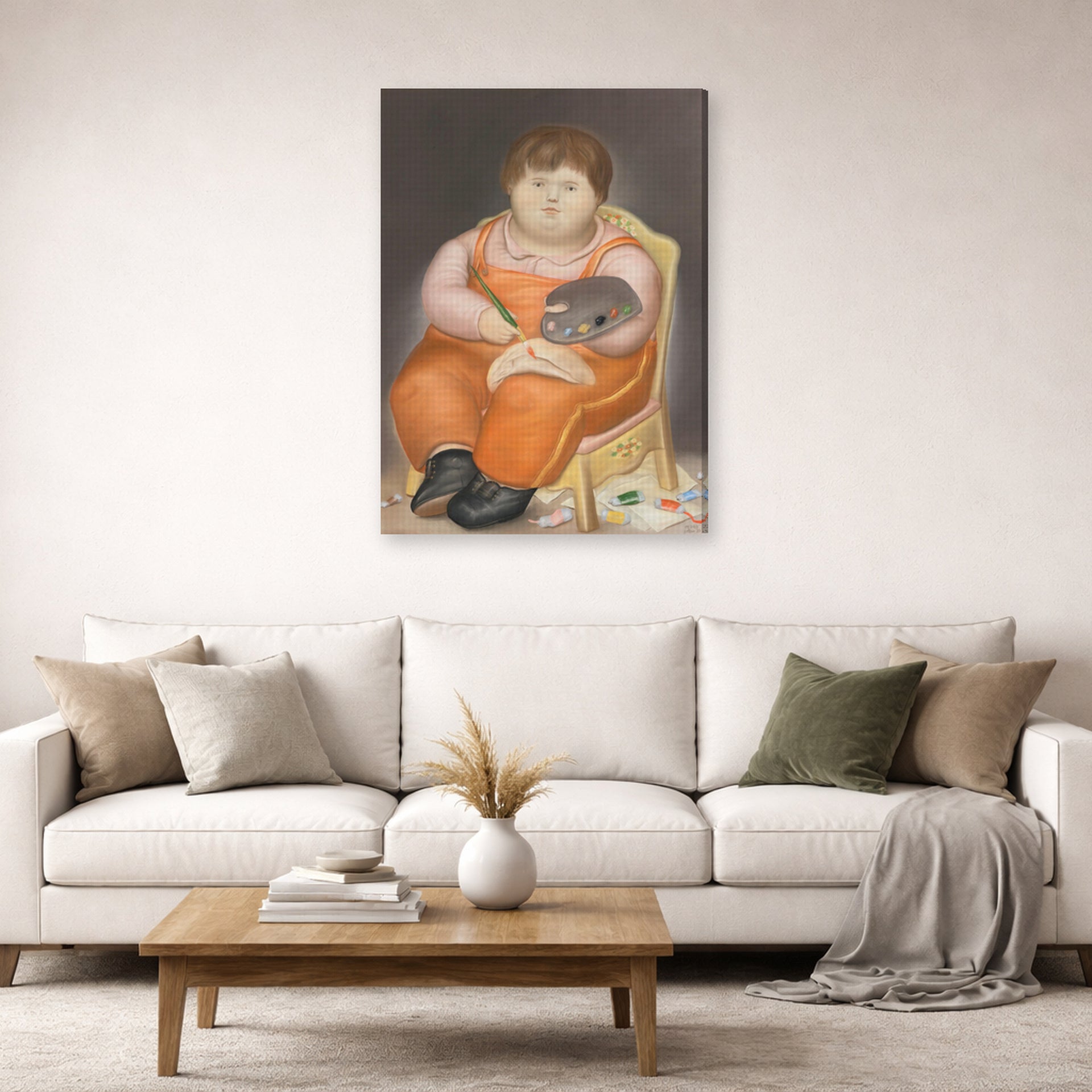 Gallery-wrapped canvas print of Fernando Botero's Pedro Pintor displayed on a wall in a living room
