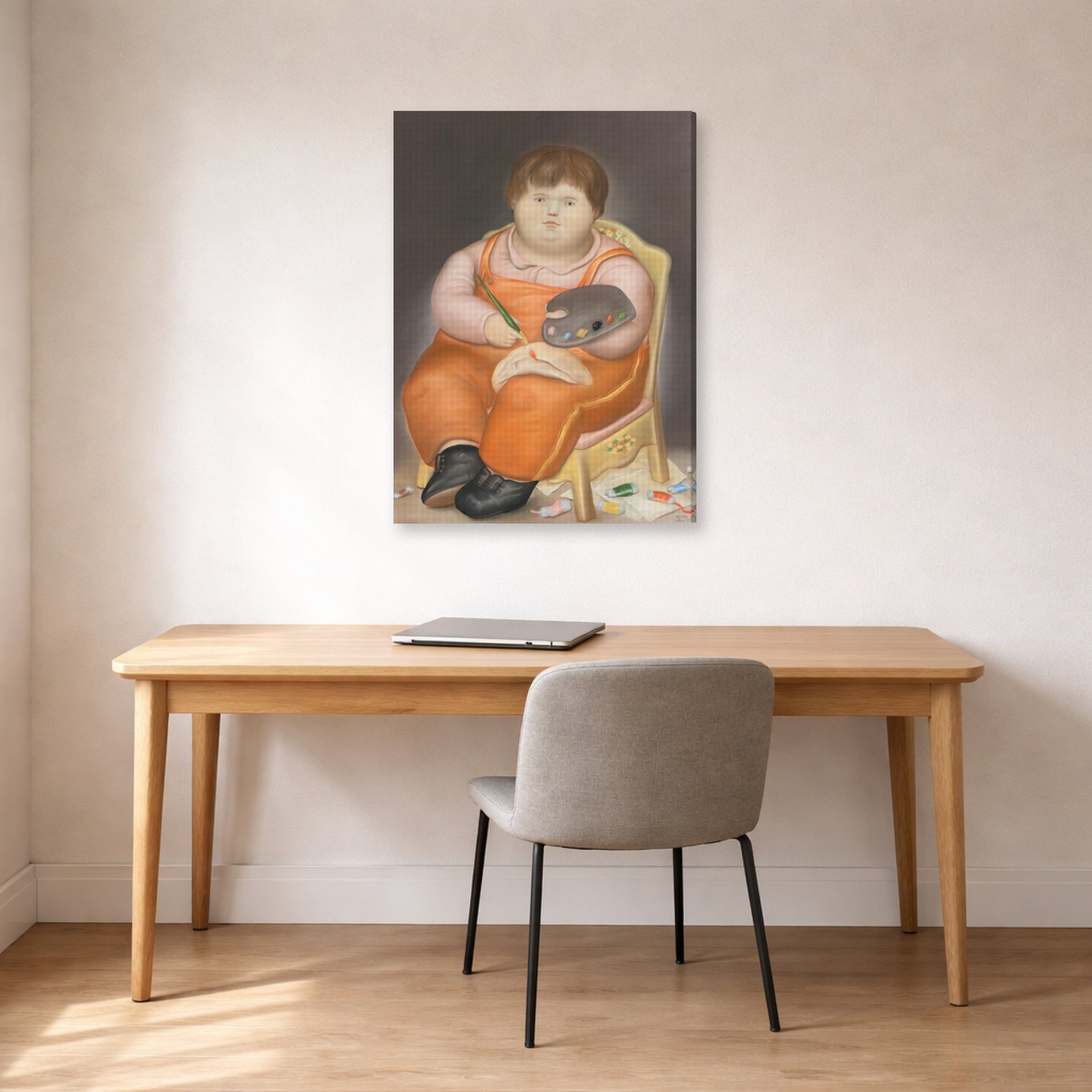Gallery-wrapped canvas print of Fernando Botero's Pedro Pintor displayed on a wall in a home office