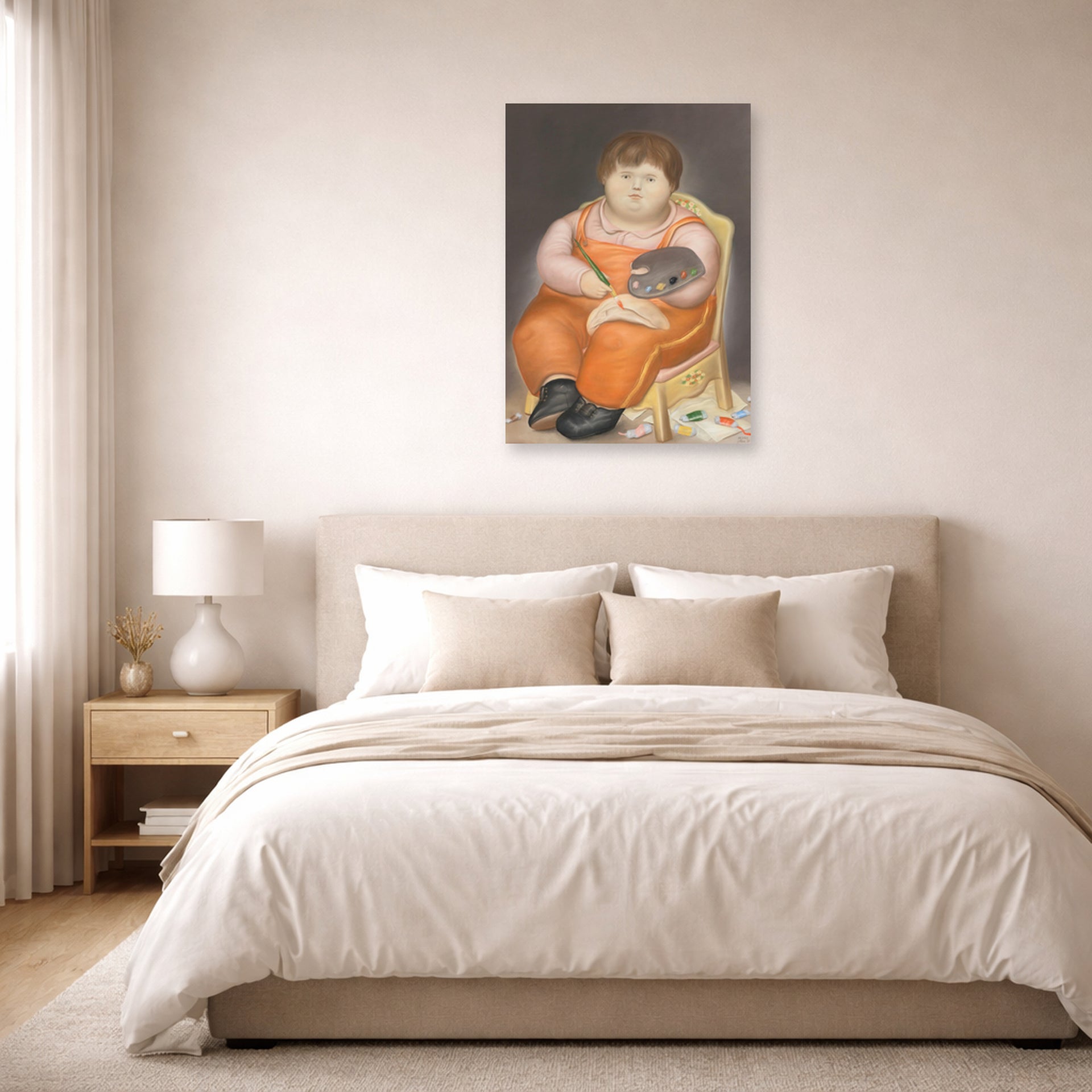 Unframed poster print of Fernando Botero's Pedro Pintor displayed on a wall in a bedroom