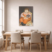 Unframed poster print of Fernando Botero's Pedro Pintor displayed on a wall in a dining room