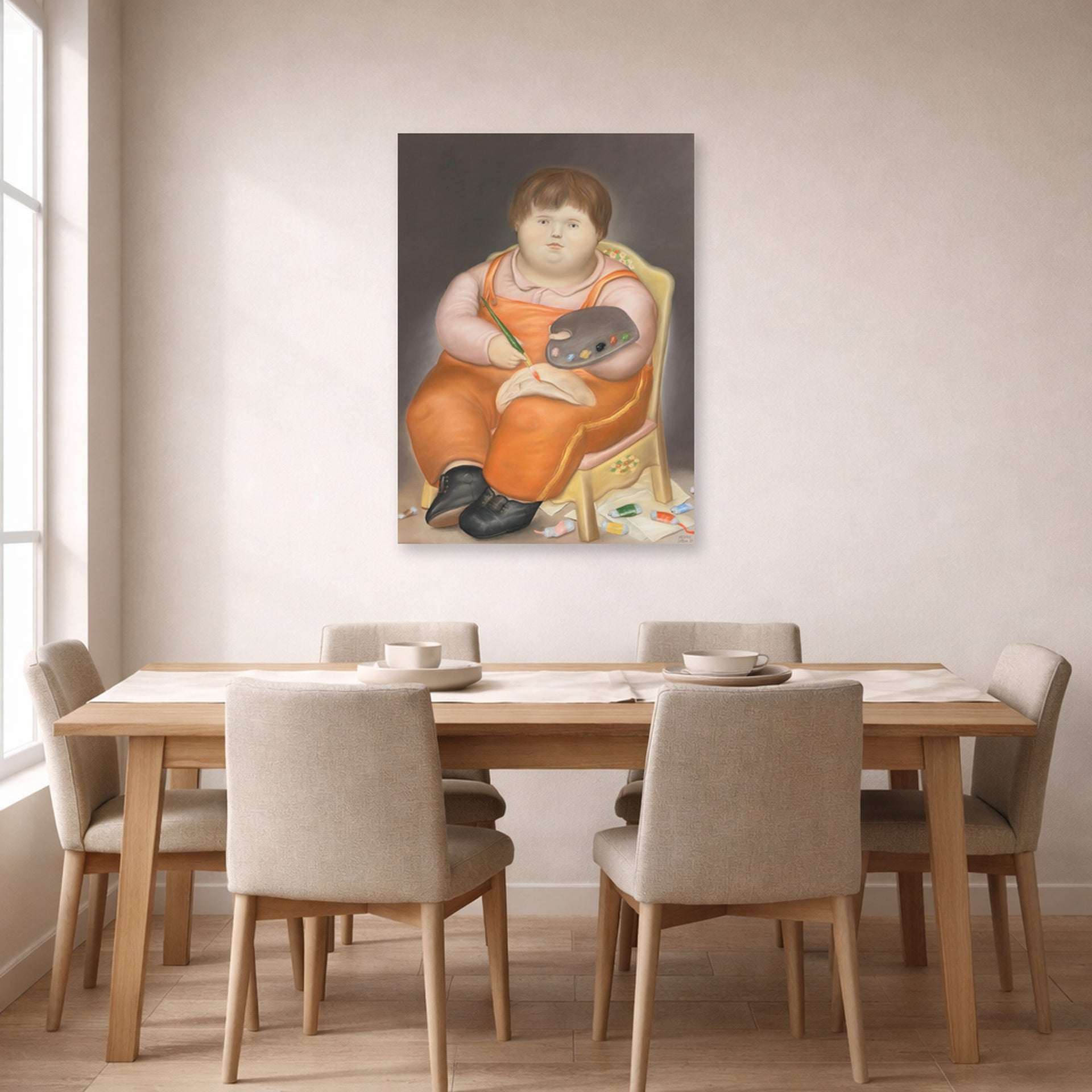 Unframed poster print of Fernando Botero's Pedro Pintor displayed on a wall in a dining room