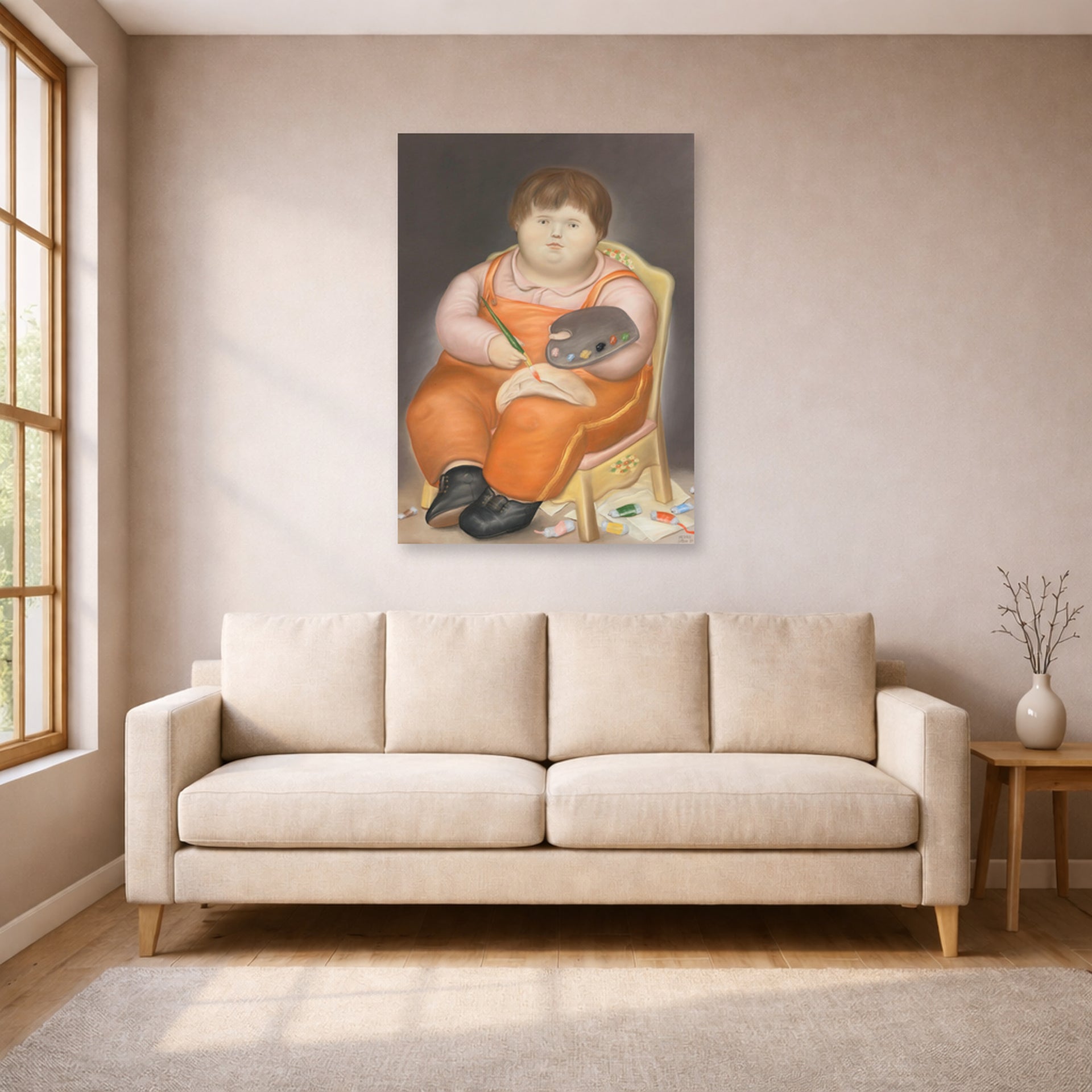 Unframed poster print of Fernando Botero's Pedro Pintor displayed on a wall in a living room