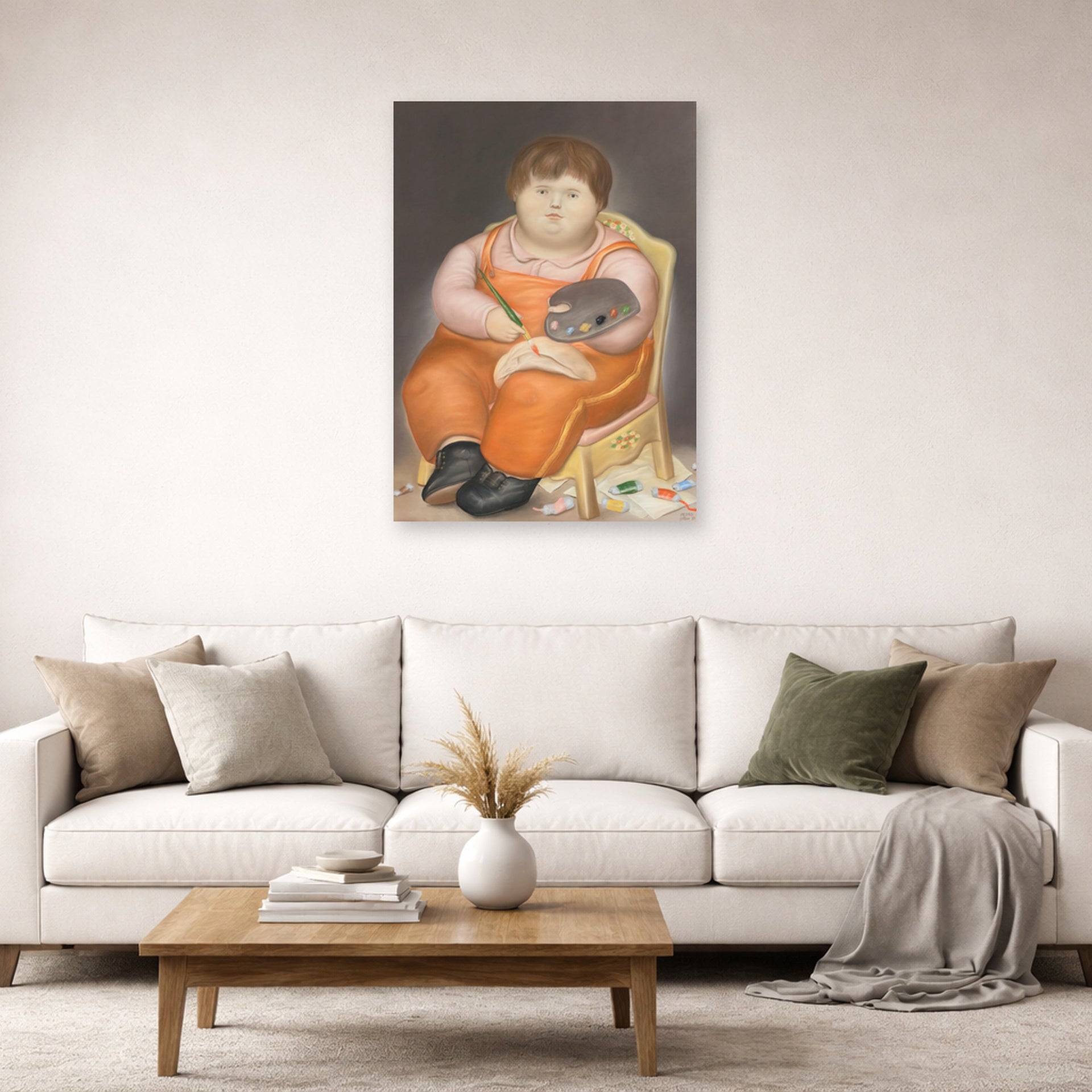 Unframed poster print of Fernando Botero's Pedro Pintor displayed on a wall in a living room