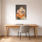 Unframed poster print of Fernando Botero's Pedro Pintor displayed on a wall in a home office