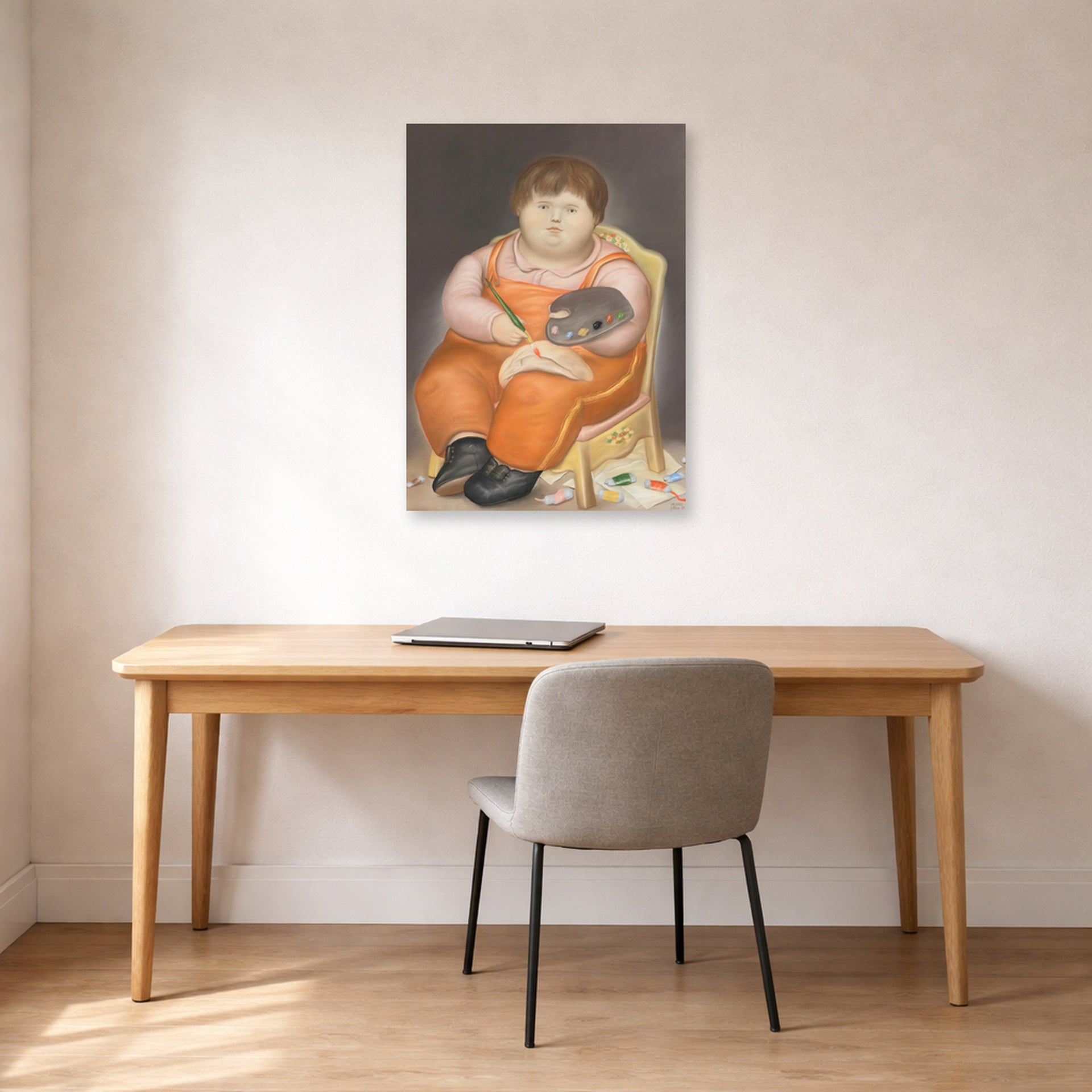 Unframed poster print of Fernando Botero's Pedro Pintor displayed on a wall in a home office