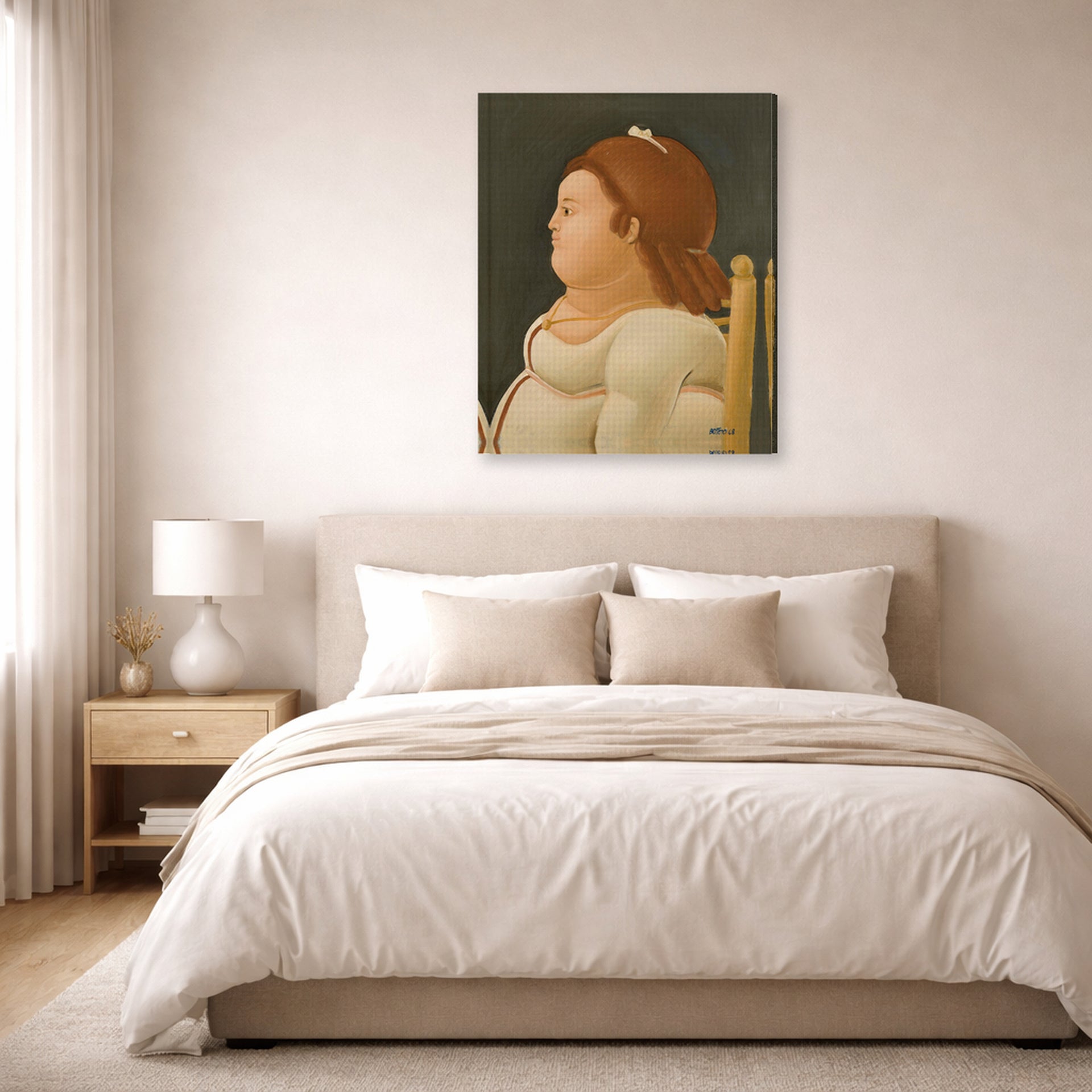 Gallery-wrapped canvas print of Fernando Botero's Perfil De Dama displayed on a wall in a bedroom