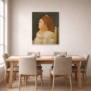 Gallery-wrapped canvas print of Fernando Botero's Perfil De Dama displayed on a wall in a dining room
