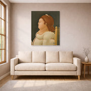 Gallery-wrapped canvas print of Fernando Botero's Perfil De Dama displayed on a wall in a living room