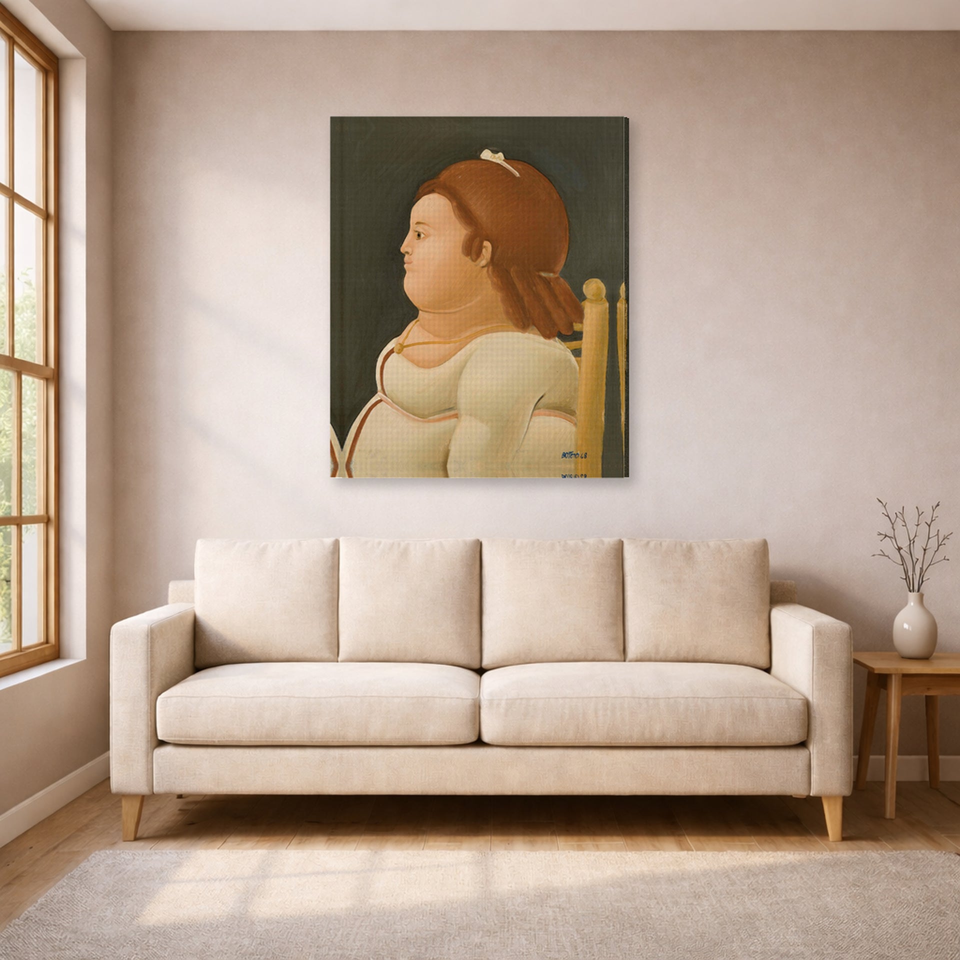 Gallery-wrapped canvas print of Fernando Botero's Perfil De Dama displayed on a wall in a living room