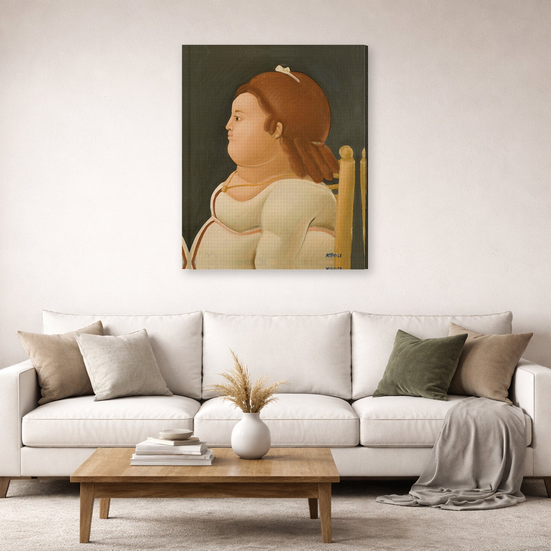 Gallery-wrapped canvas print of Fernando Botero's Perfil De Dama displayed on a wall in a living room