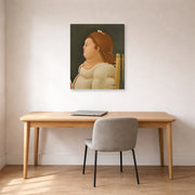 Gallery-wrapped canvas print of Fernando Botero's Perfil De Dama displayed on a wall in a home office