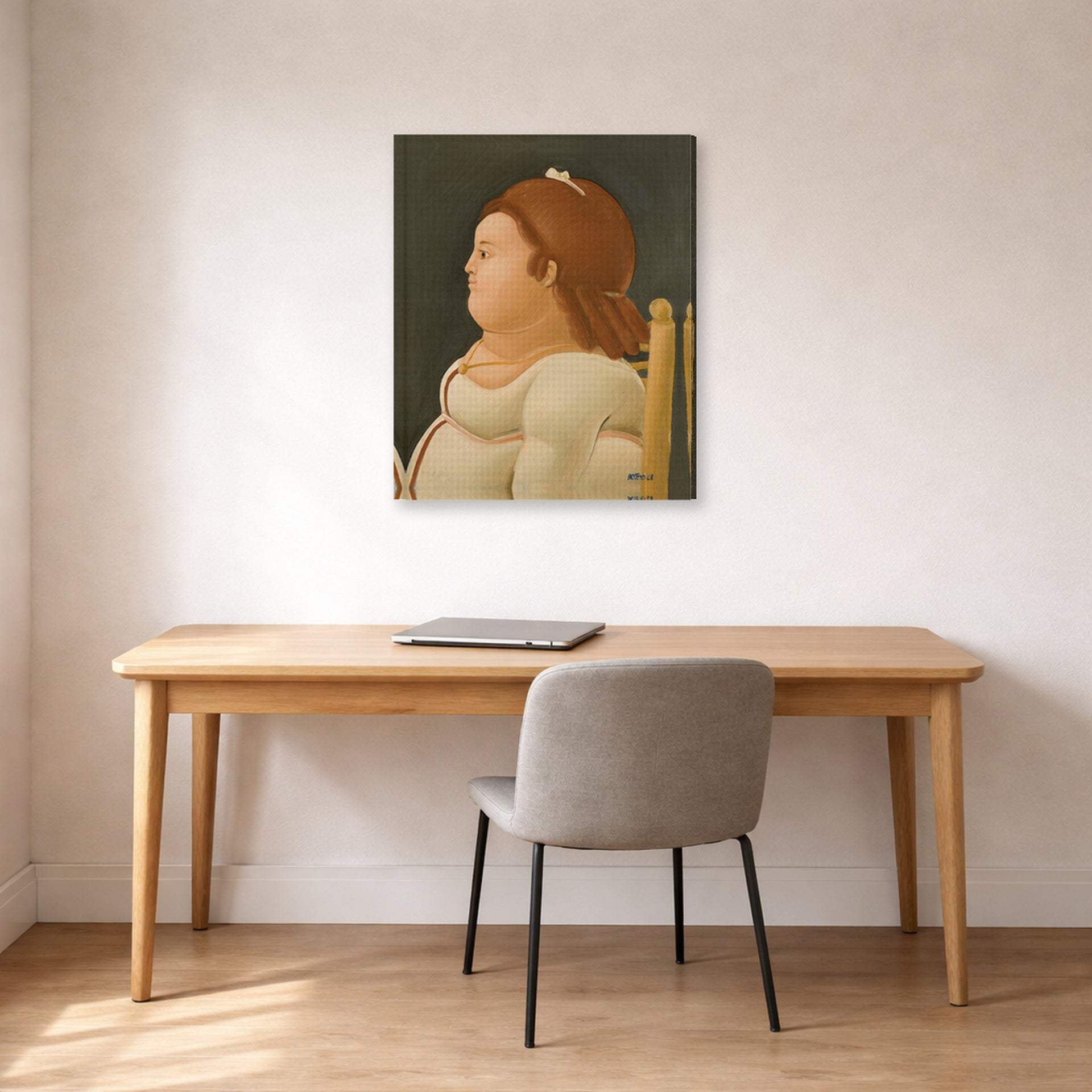 Gallery-wrapped canvas print of Fernando Botero's Perfil De Dama displayed on a wall in a home office