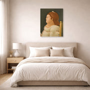 Unframed poster print of Fernando Botero's Perfil De Dama displayed on a wall in a bedroom