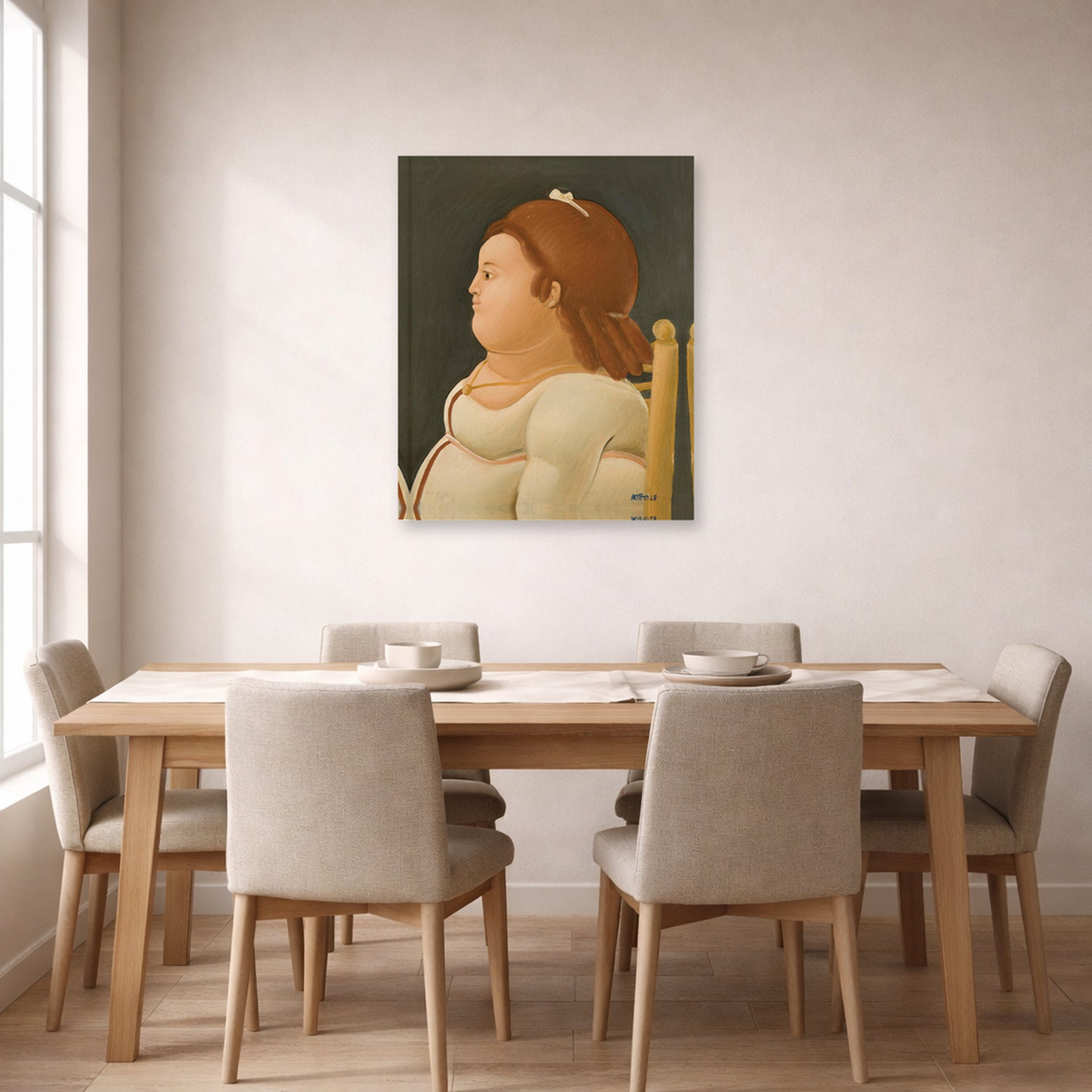 Unframed poster print of Fernando Botero's Perfil De Dama displayed on a wall in a dining room