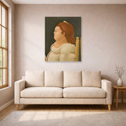 Unframed poster print of Fernando Botero's Perfil De Dama displayed on a wall in a living room